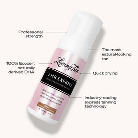 Product bottle beside a hand to show Loving Tan size and travel-friendly volume