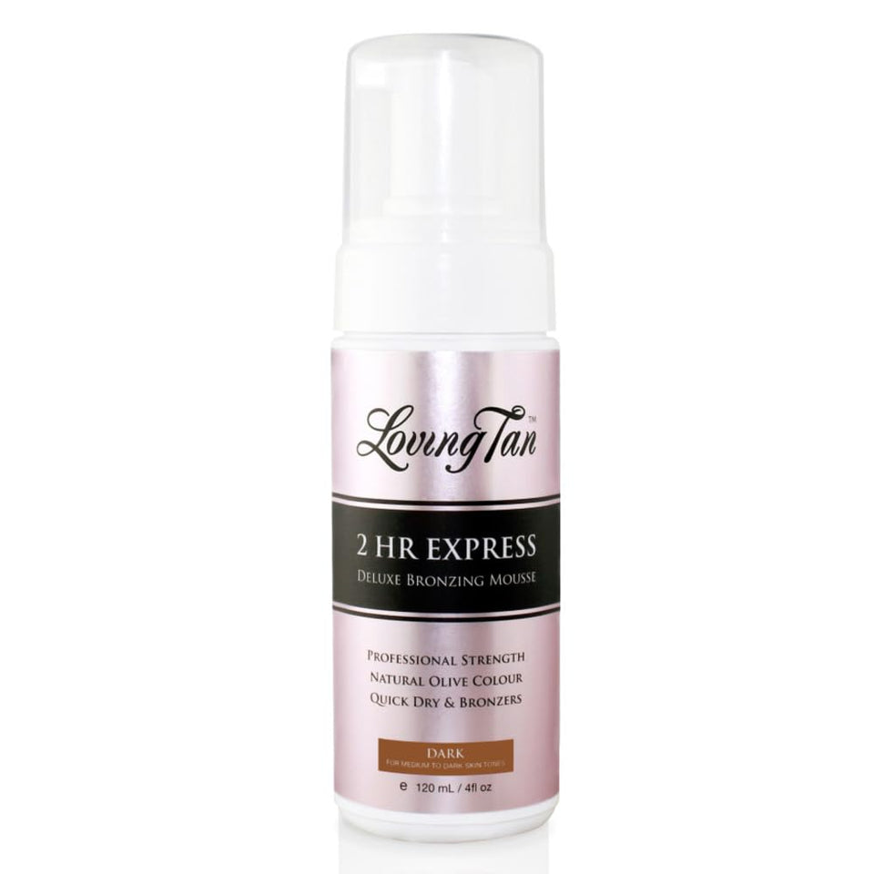Loving Tan 2 HR Express dark front packaging showing bottle and branding for fast results