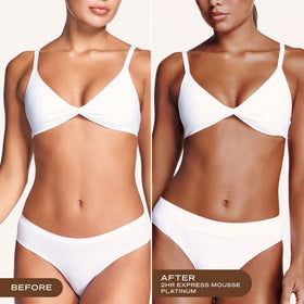 Loving Tan applicator mitt spreading mousse on skin for streak-free finish
