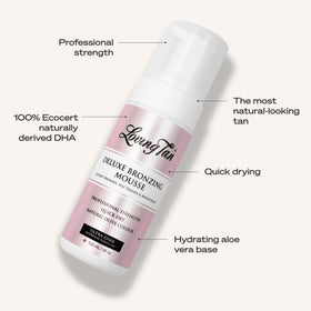 Loving Tan bottle beside a hand to show 4 fl oz scale