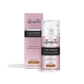 Loving Tan front packaging showing bottle and dark shade for quick tan