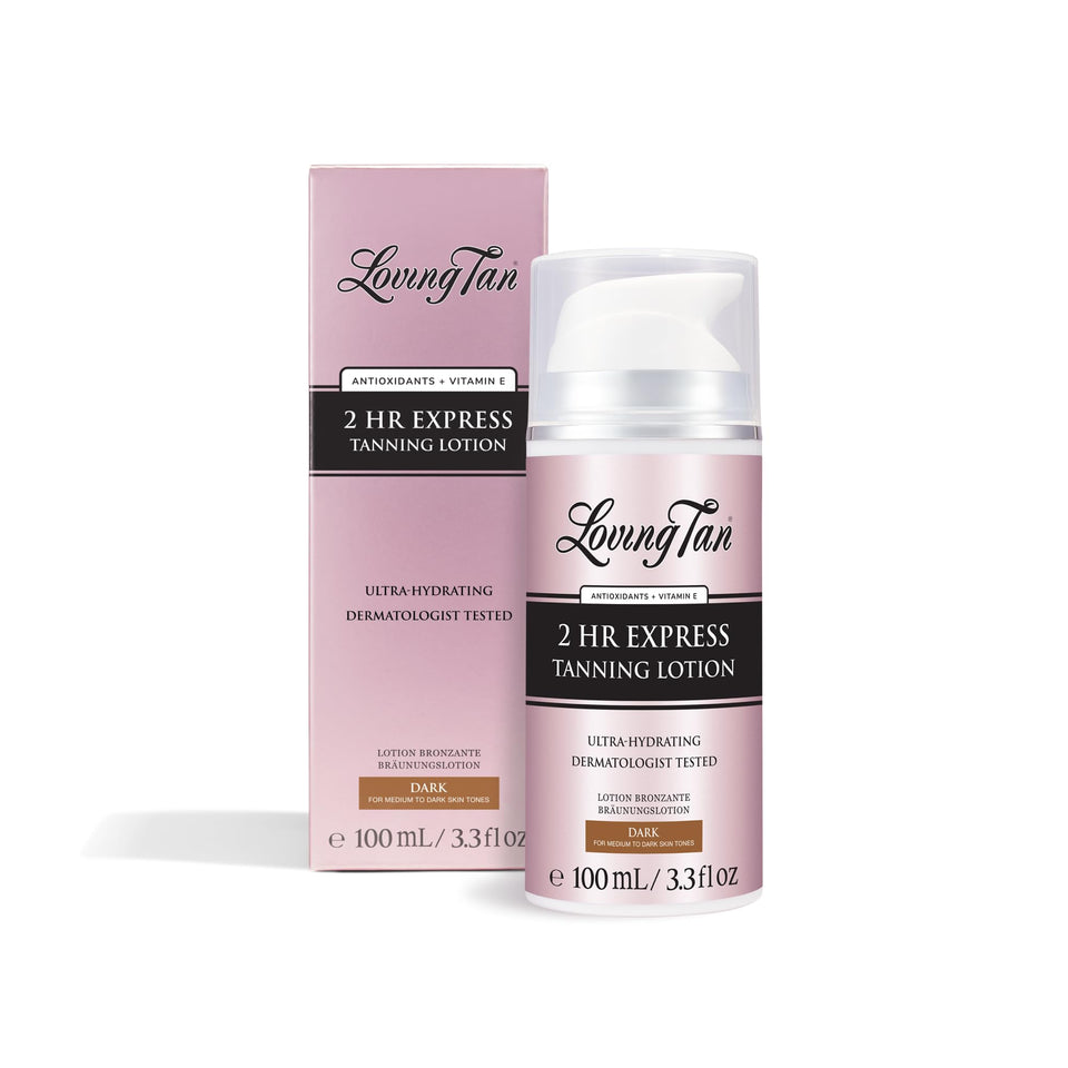 Loving Tan front packaging showing bottle and dark shade for quick tan