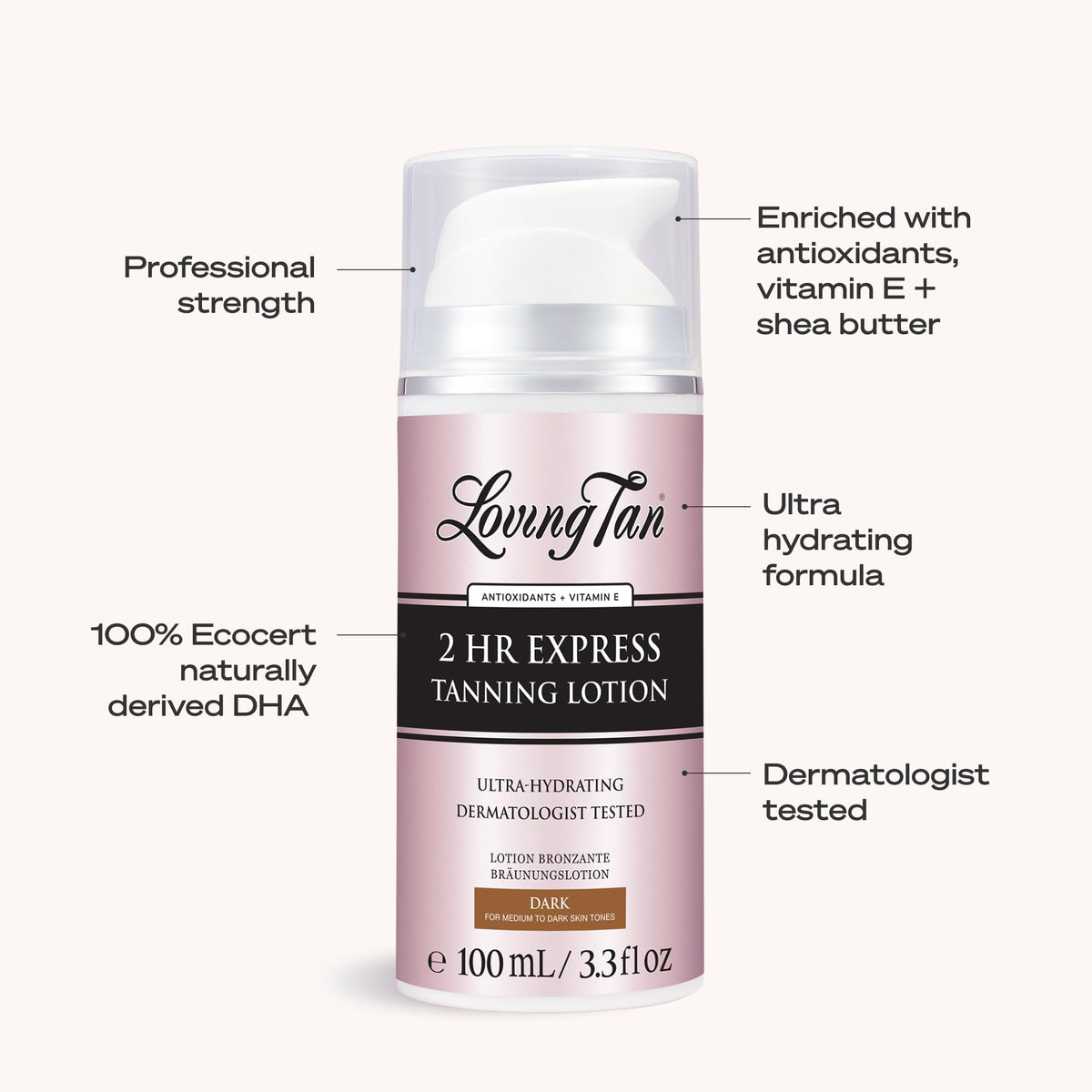 Loving Tan bottle in hand to show size and easy-to-use 3.3 fl oz