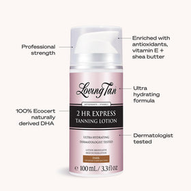 Loving Tan bottle in hand to show size and easy-to-use 3.3 fl oz