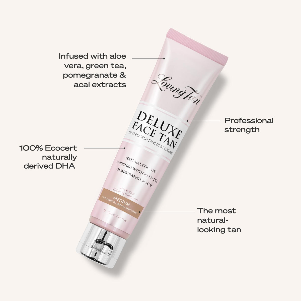 Loving Tan ingredient label close-up showing naturally derived claim benefit: informed choice