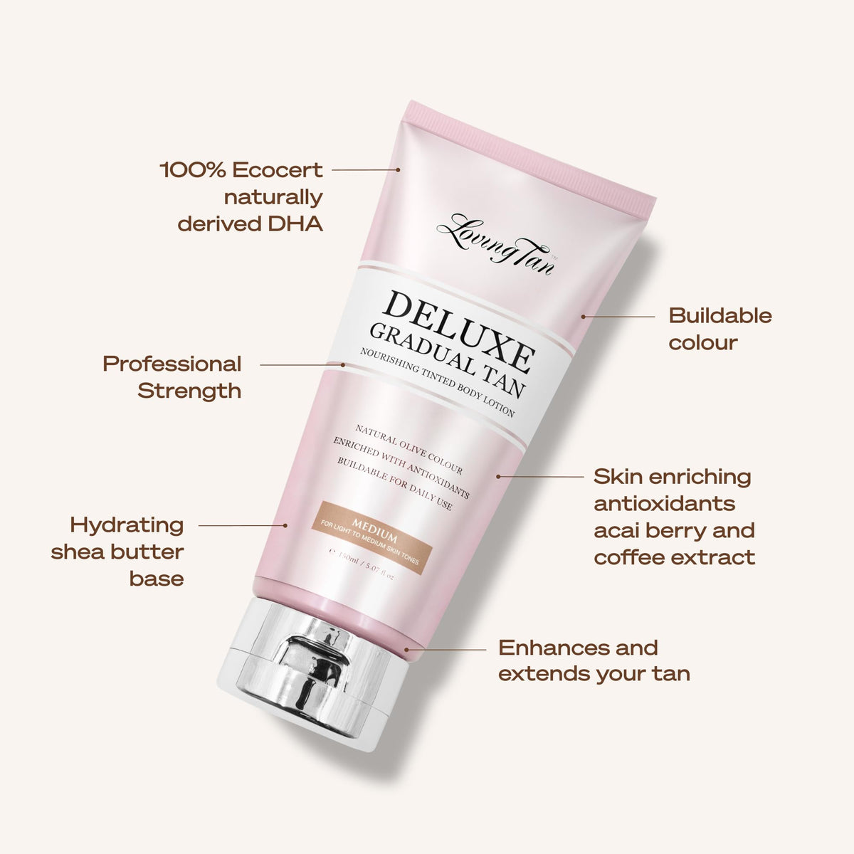 Loving Tan bottle beside shea butter ingredient emphasizing hydration and skin nourishment