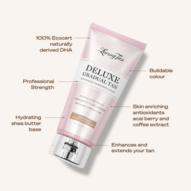 Loving Tan bottle beside shea butter ingredient emphasizing hydration and skin nourishment