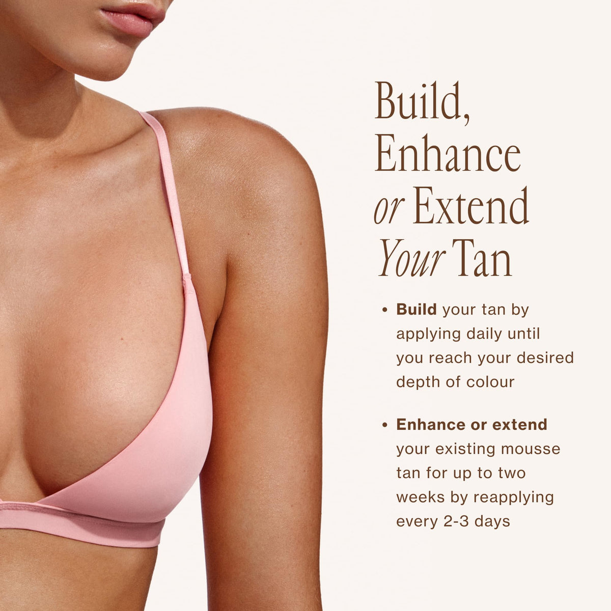 Loving Tan model with dark, even tan illustrating natural finished result