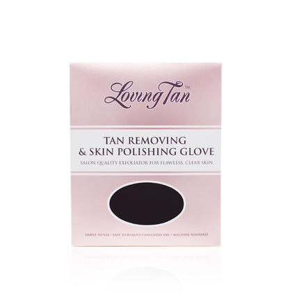 Loving Tan glove front packaging showing reusable exfoliating mitt benefit