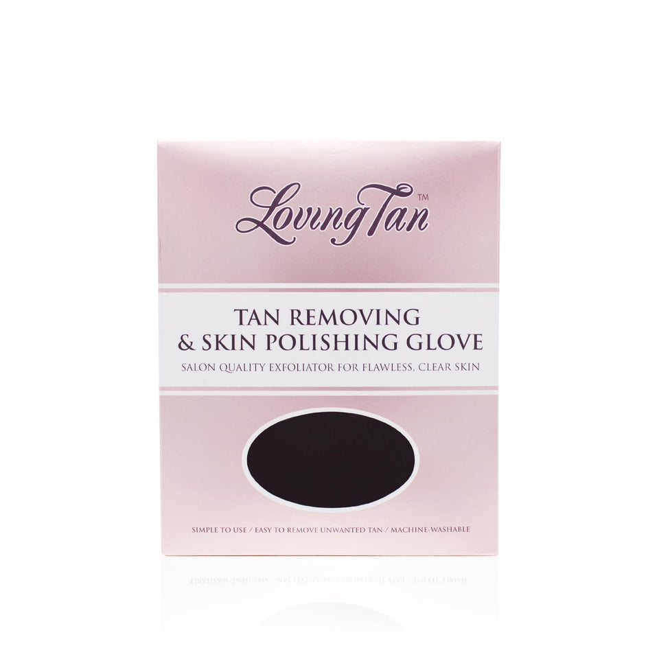 Loving Tan glove front packaging showing reusable exfoliating mitt benefit