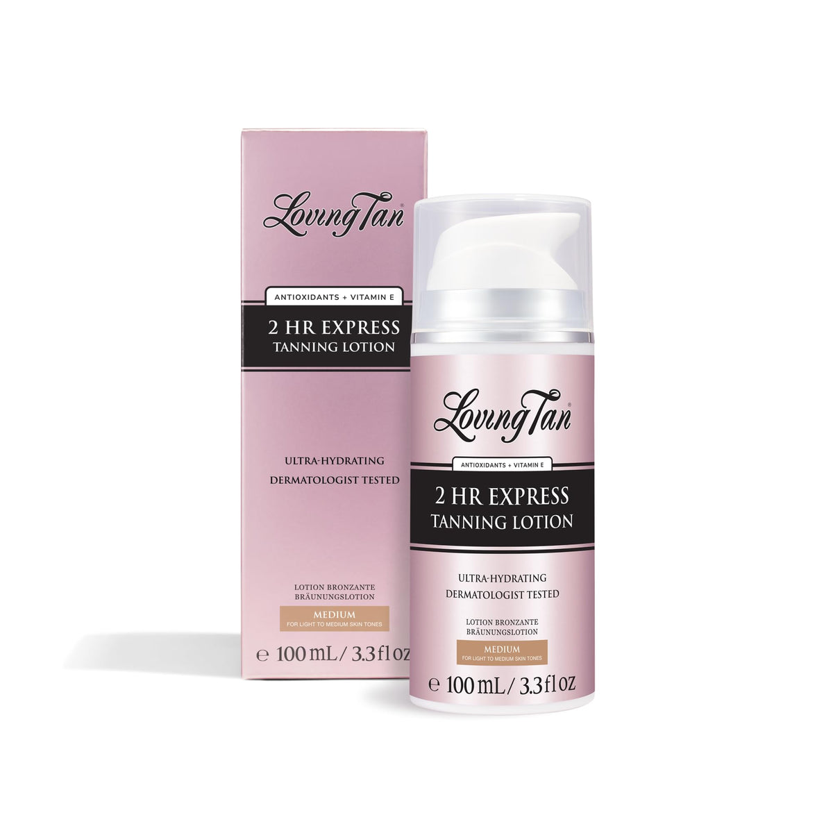 Loving Tan front packaging medium showing bottle and label for quick recognition and trust