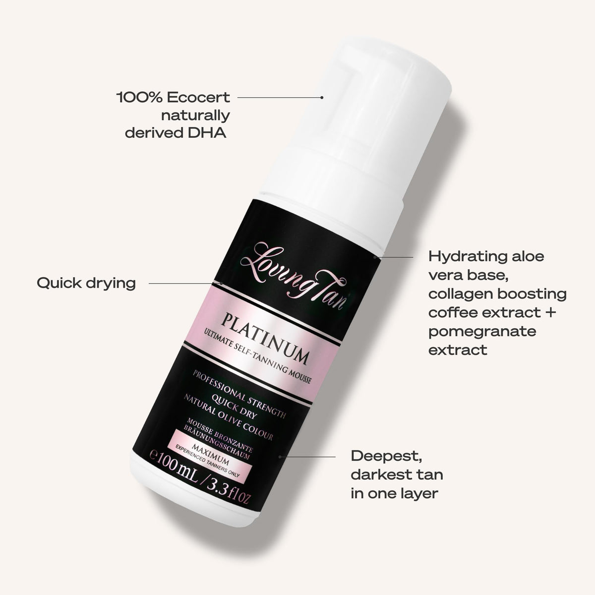 Loving Tan bottle in hand for scale showing compact, travel-friendly benefit