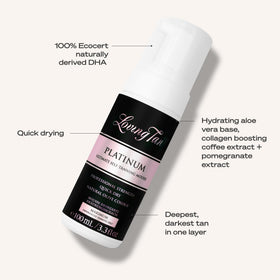 Loving Tan bottle in hand for scale showing compact, travel-friendly benefit