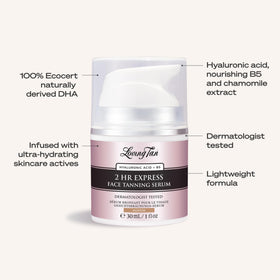 Loving Tan label close-up showing naturally derived DHA and actives
