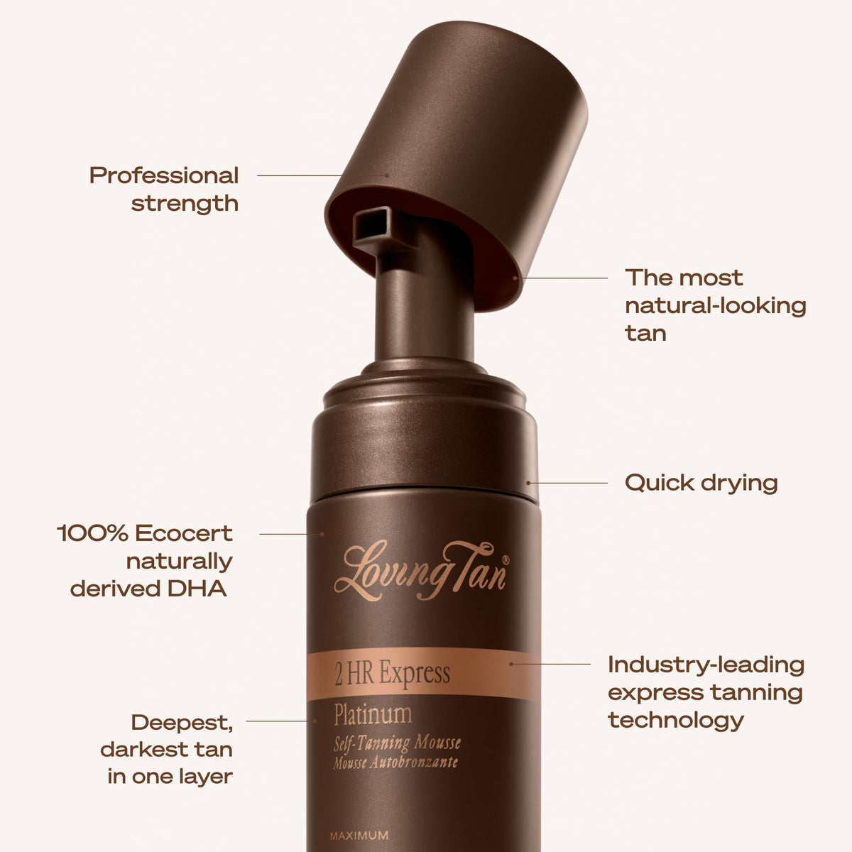 Loving Tan close-up label showing naturally derived ingredients and details