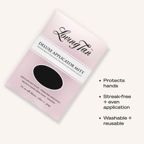 Loving Tan mitt label and material details ensuring durable design benefit