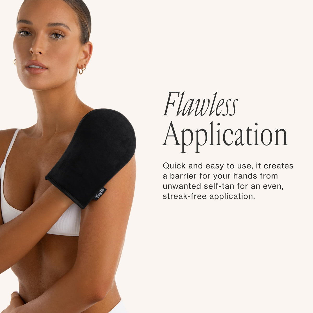 Loving Tan mitt with bathroom setup demonstrating salon-style routine benefit