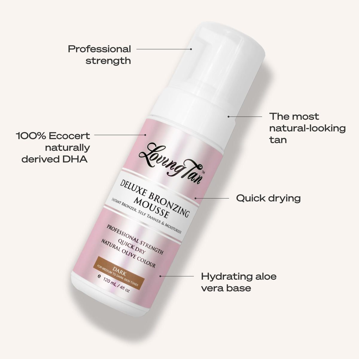 Loving Tan bottle with natural ingredient accents highlighting premium derived components