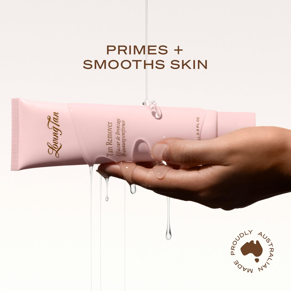 Loving Tan gel with tan removing glove showing practical use and gentle polishing