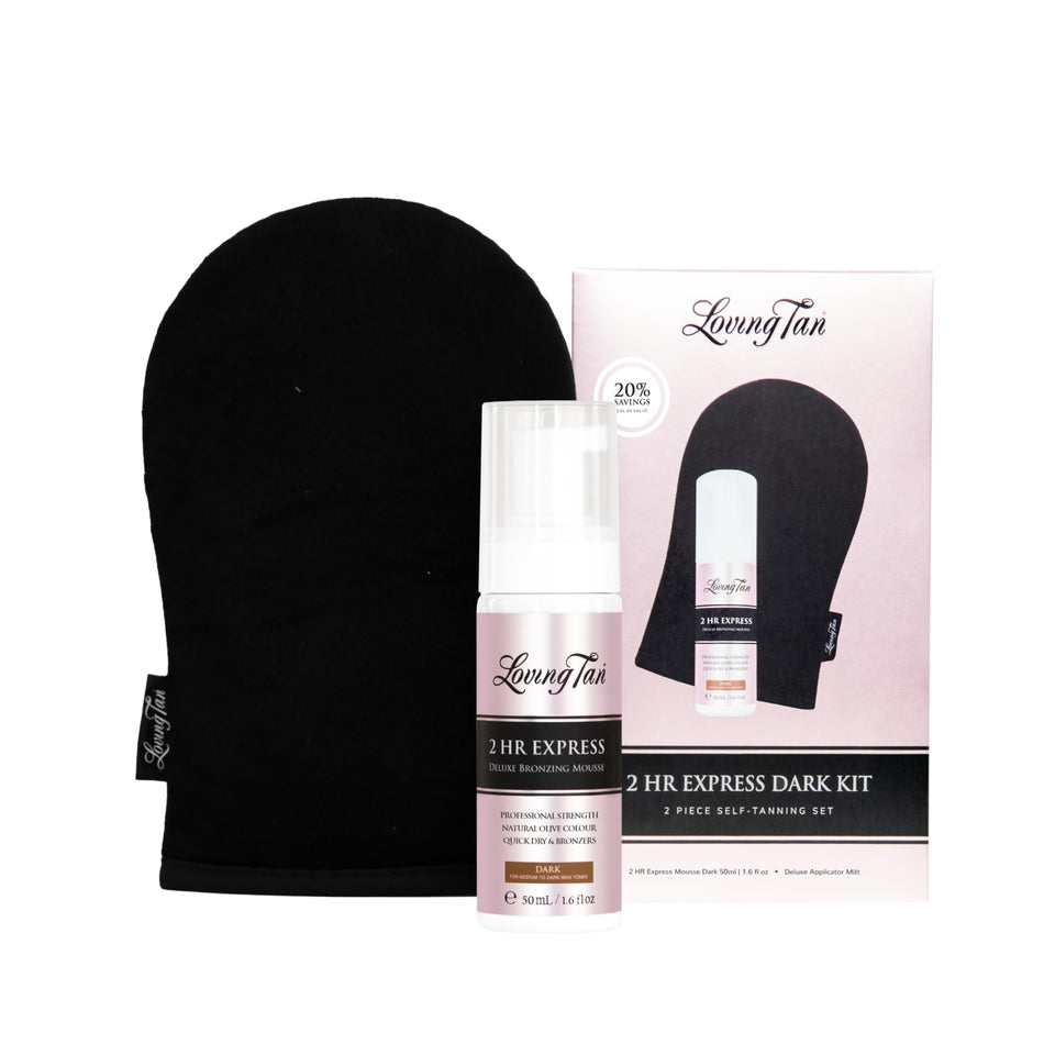 Loving Tan travel kit front packaging showing compact bottle and mitt benefit portability
