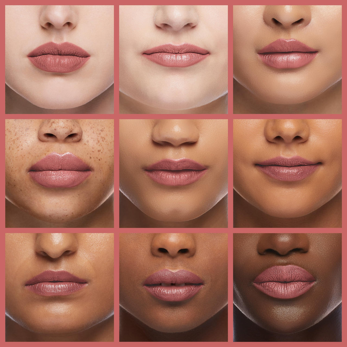 L'Paige lip swatch on model demonstrates soft rose nude complementing skin