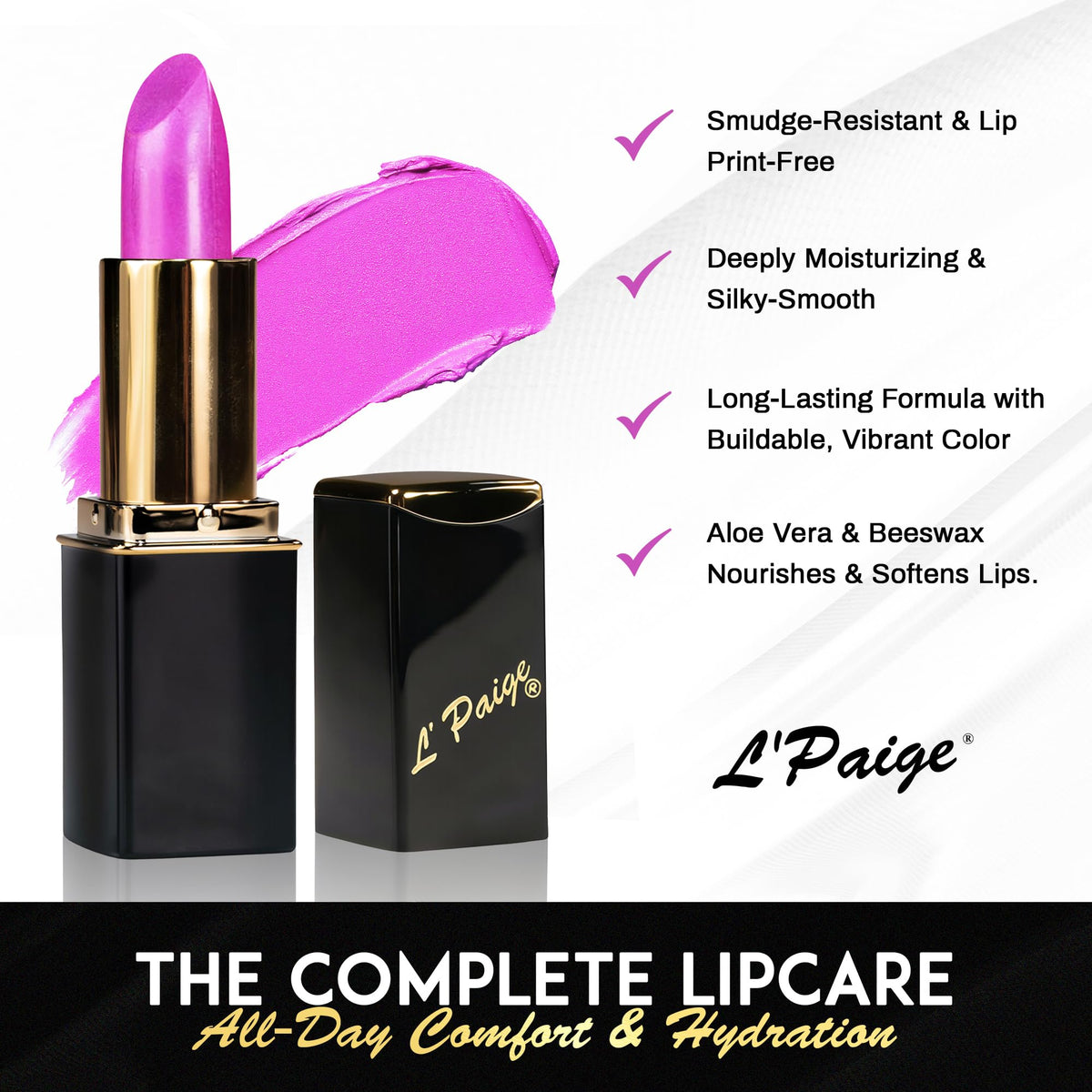 Model wearing L'Paige Electric Fuchsia showcasing vibrant, hydrated lips