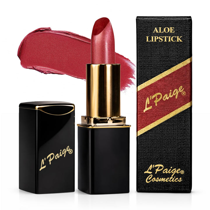 L'Paige front view of frosted mauve lipstick showing sleek packaging and appeal