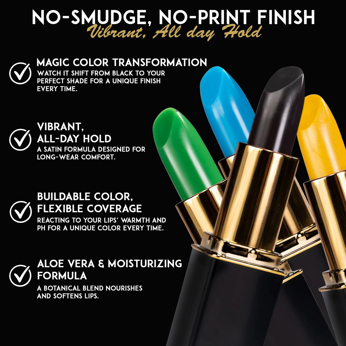 L'Paige black lipstick on lips at application, demonstrates dramatic before transformation