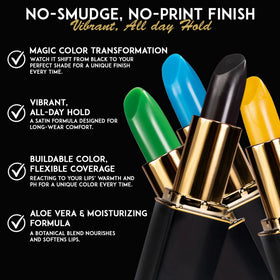 L'Paige black lipstick on lips at application, demonstrates dramatic before transformation