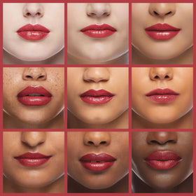 L'Paige lipstick worn by model demonstrating cool mauve shade and wearable shimmer
