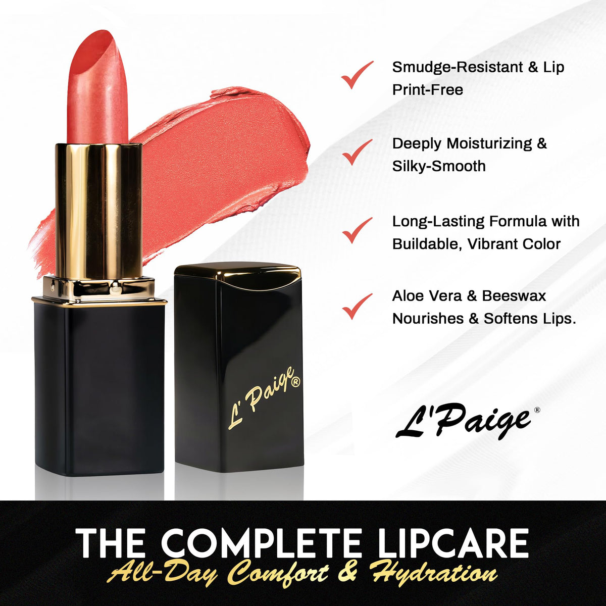 L'Paige lip swatch on model demonstrating flattering warm peach coral and natural glow