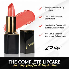 L'Paige lip swatch on model demonstrating flattering warm peach coral and natural glow
