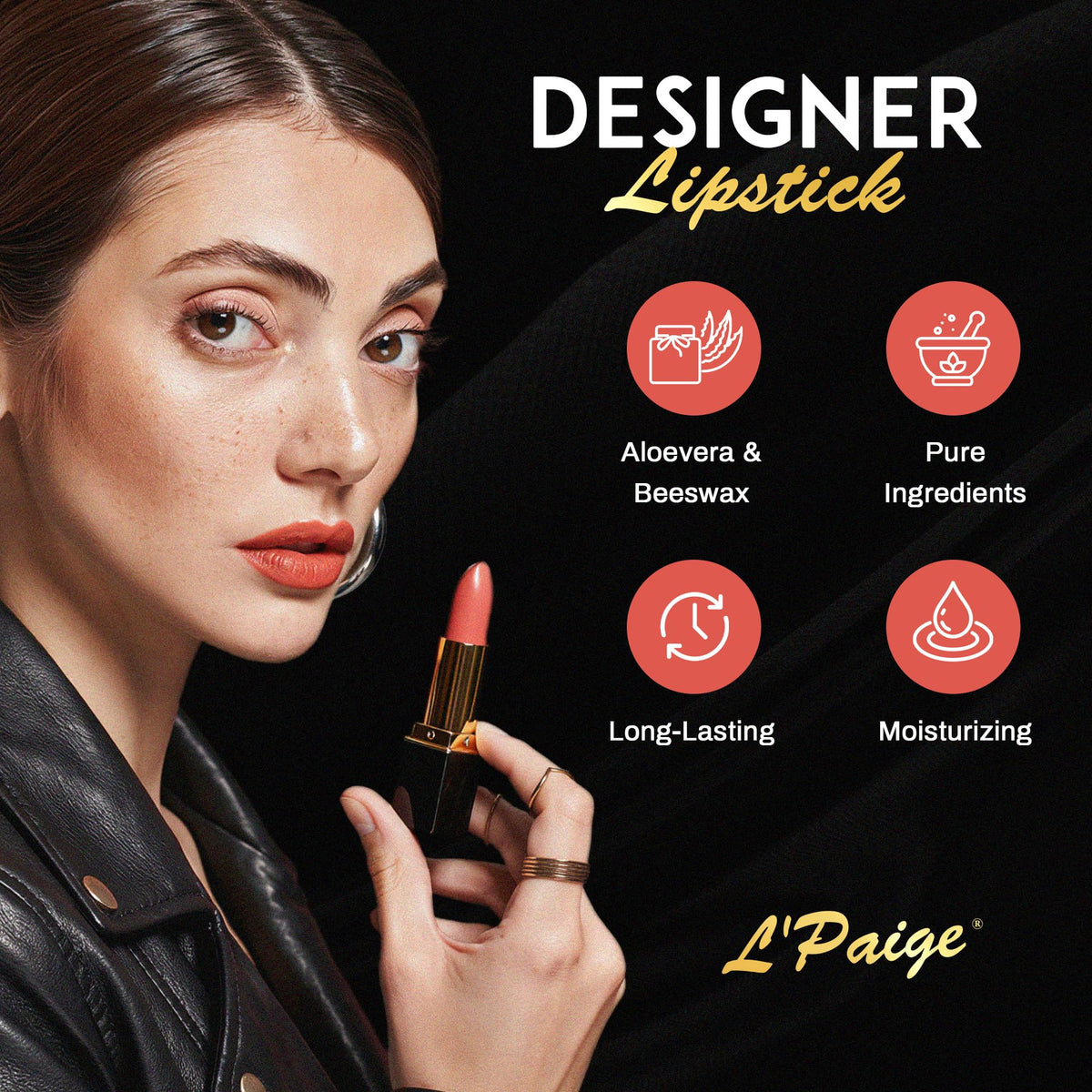 L'Paige close-up texture of lipstick showing moisturizing formula with aloe benefit