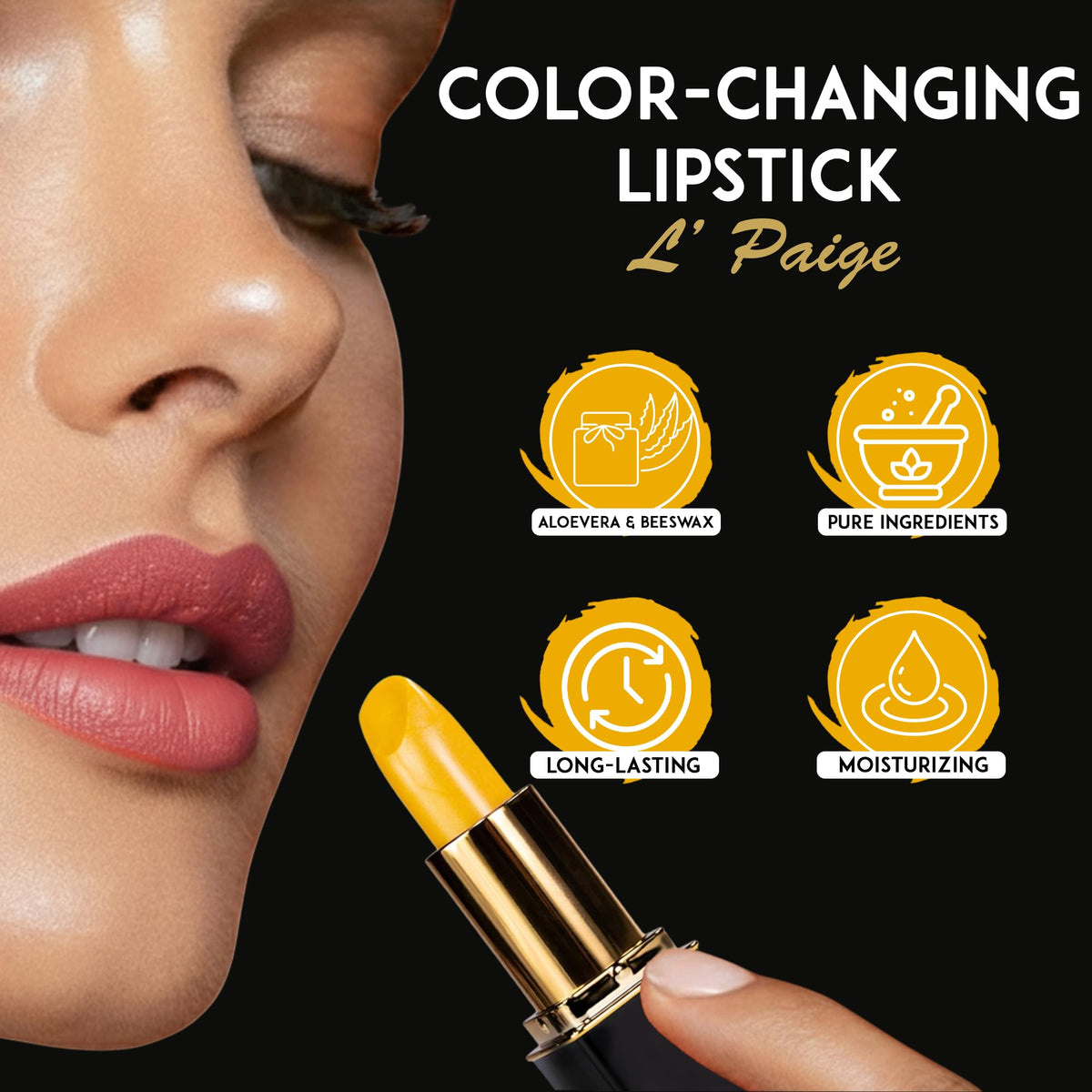 L'Paige warm coral-pink transformed lips after wear, flattering personalized shade