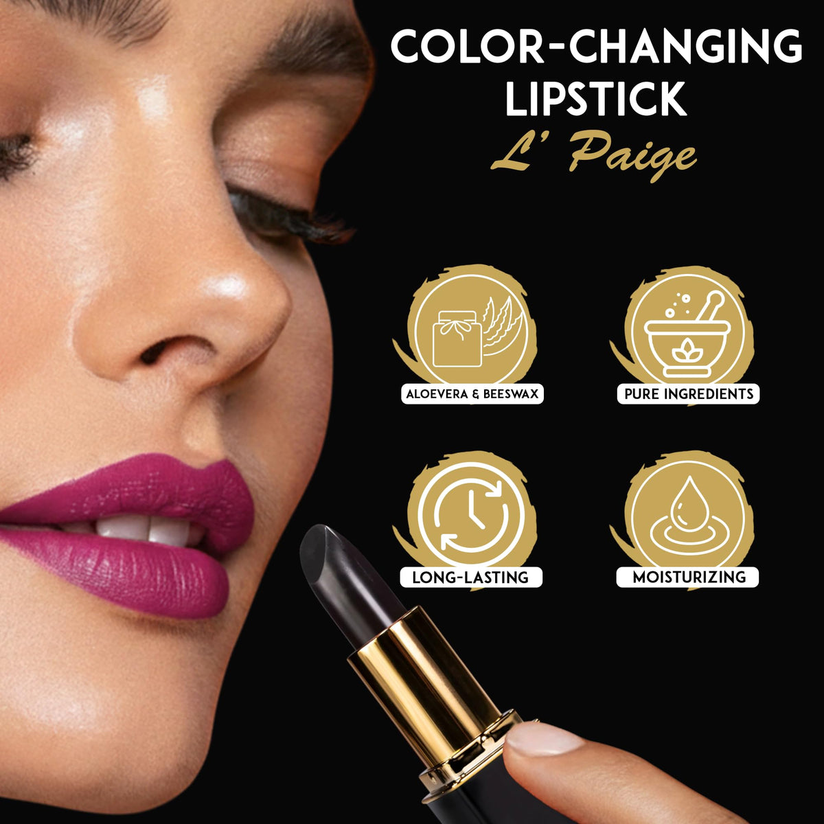 L'Paige transformed wine-magenta shade on lips, displays personalized color payoff
