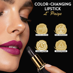 L'Paige transformed wine-magenta shade on lips, displays personalized color payoff