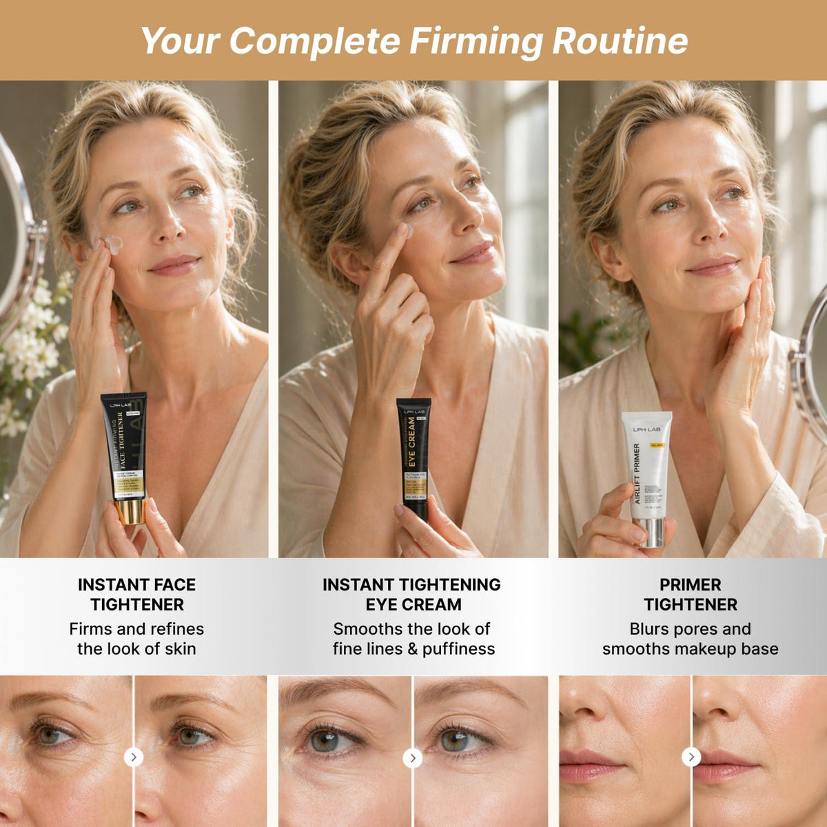 LPH LAB skin close-up showing soft matte finish and reduced visible fine lines