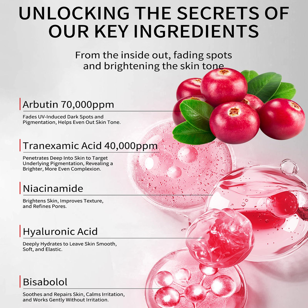 LRUSEIFE ingredient panel close-up, highlighting arbutin and tranexamic acid benefits