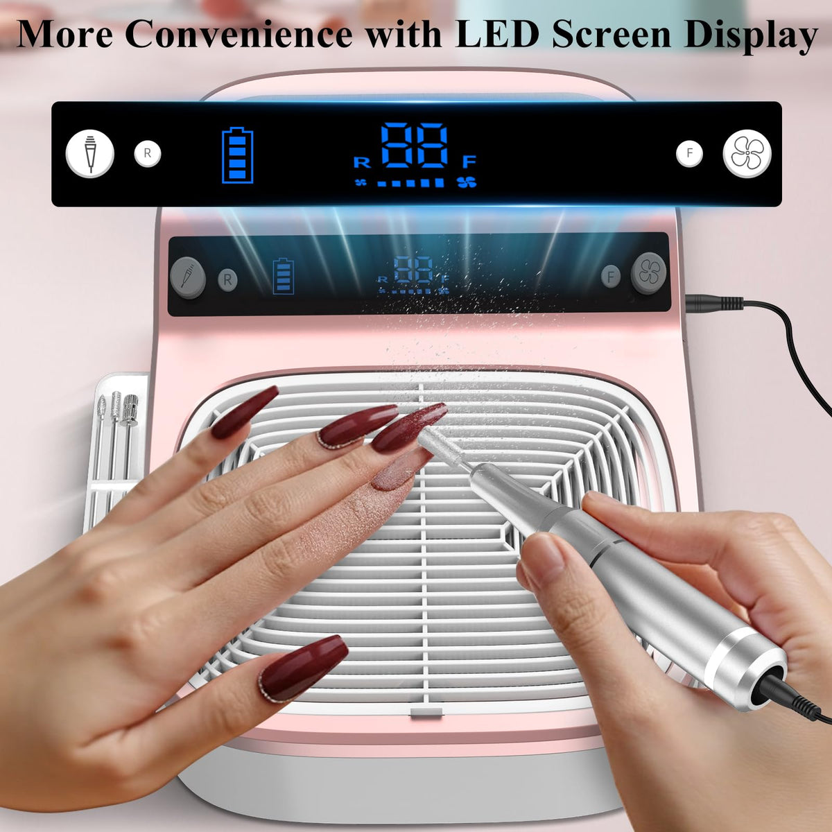 LUBEJR LED display panel showing RPM suction and battery for easy monitoring