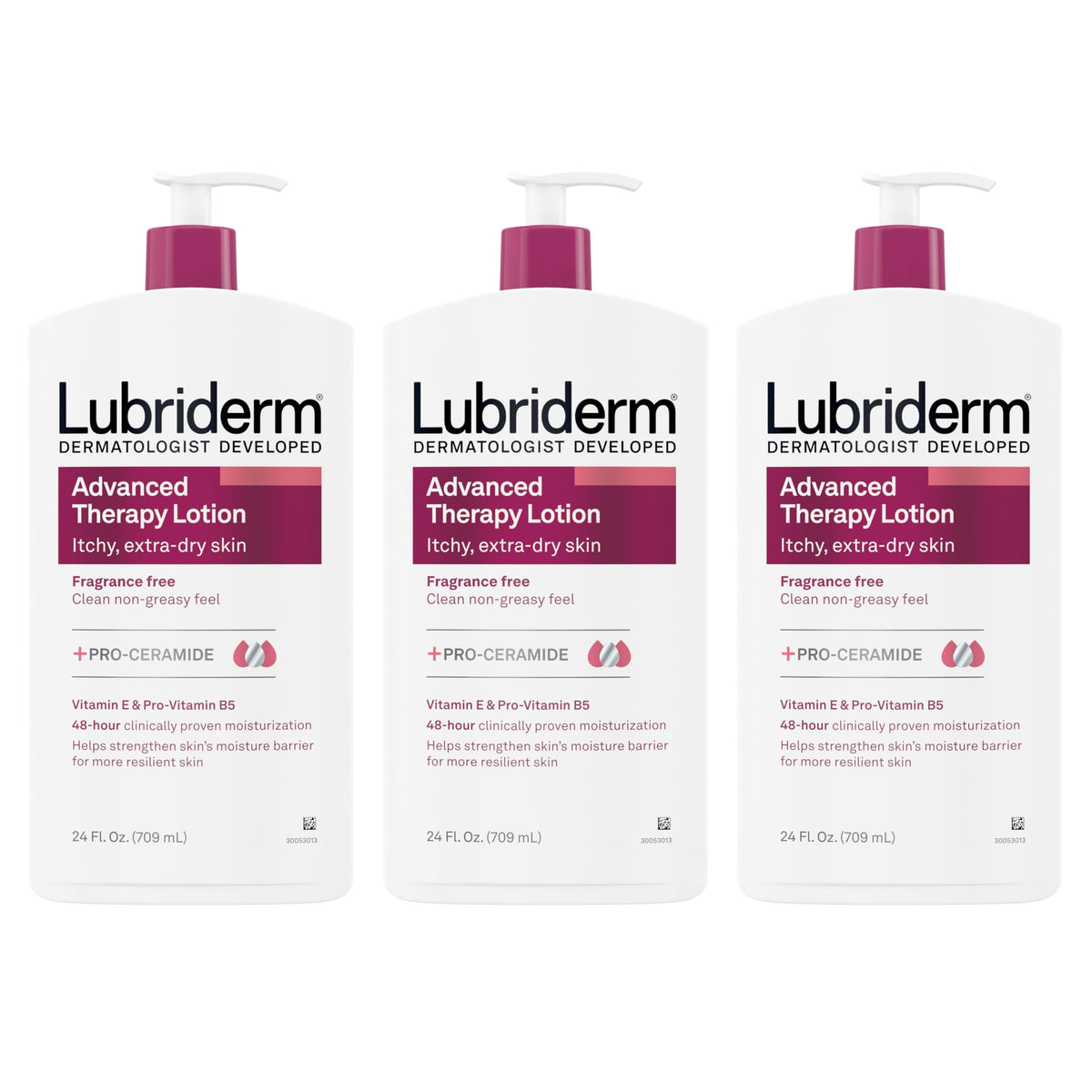 Lubriderm front bottle showing clear labeling and large-capacity benefit