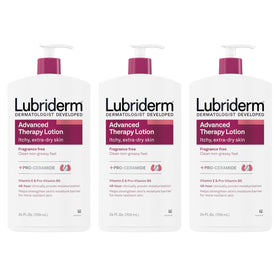 Lubriderm front bottle showing clear labeling and large-capacity benefit