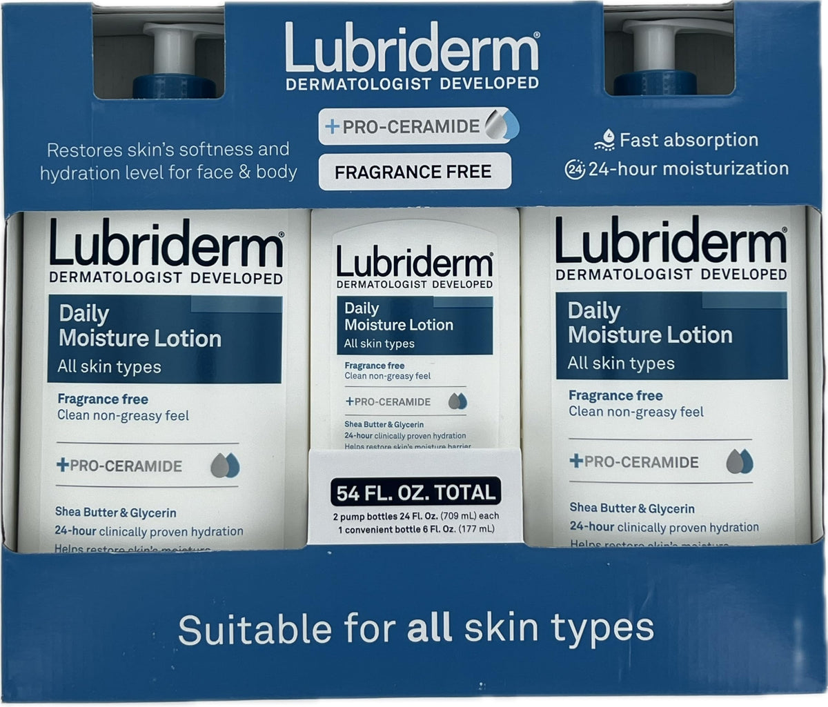 Lubriderm front packaging 3-pack showing bottles and label for easy identification and storage