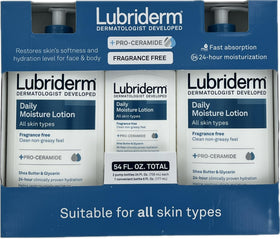 Lubriderm front packaging 3-pack showing bottles and label for easy identification and storage