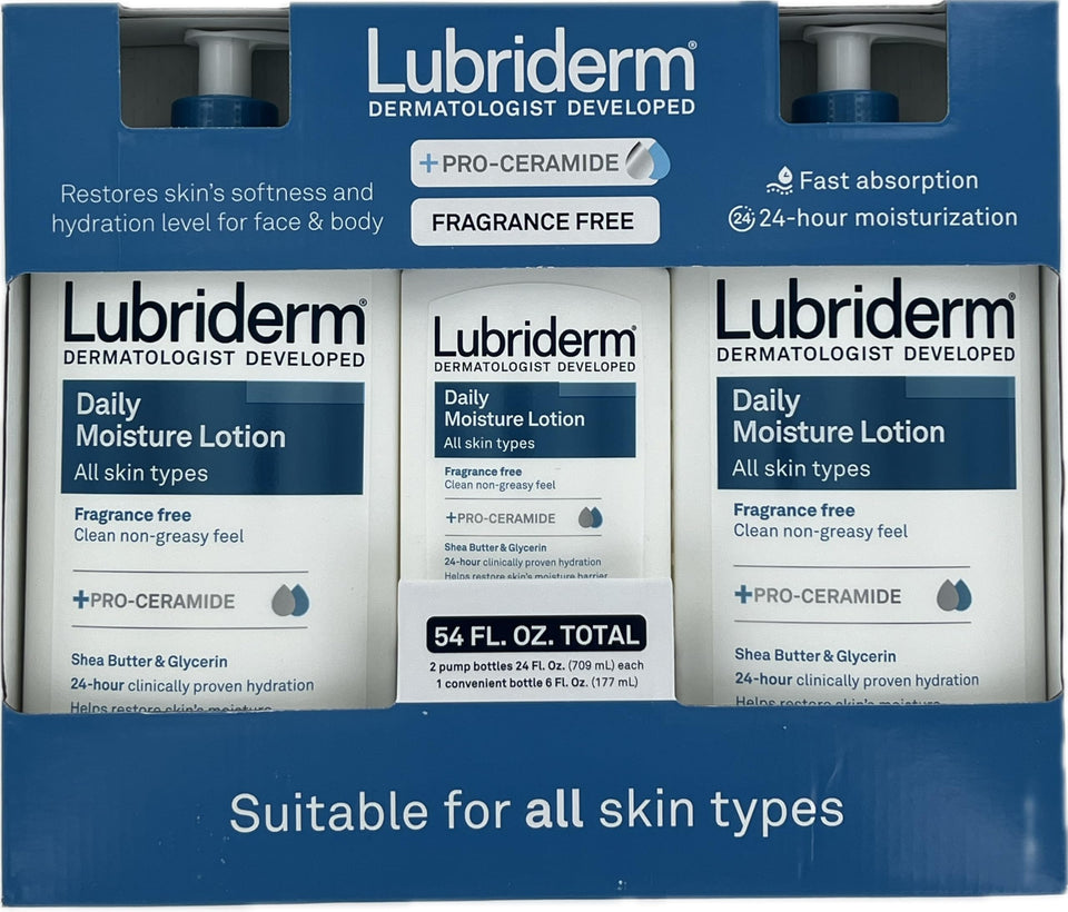 Lubriderm front packaging 3-pack showing bottles and label for easy identification and storage
