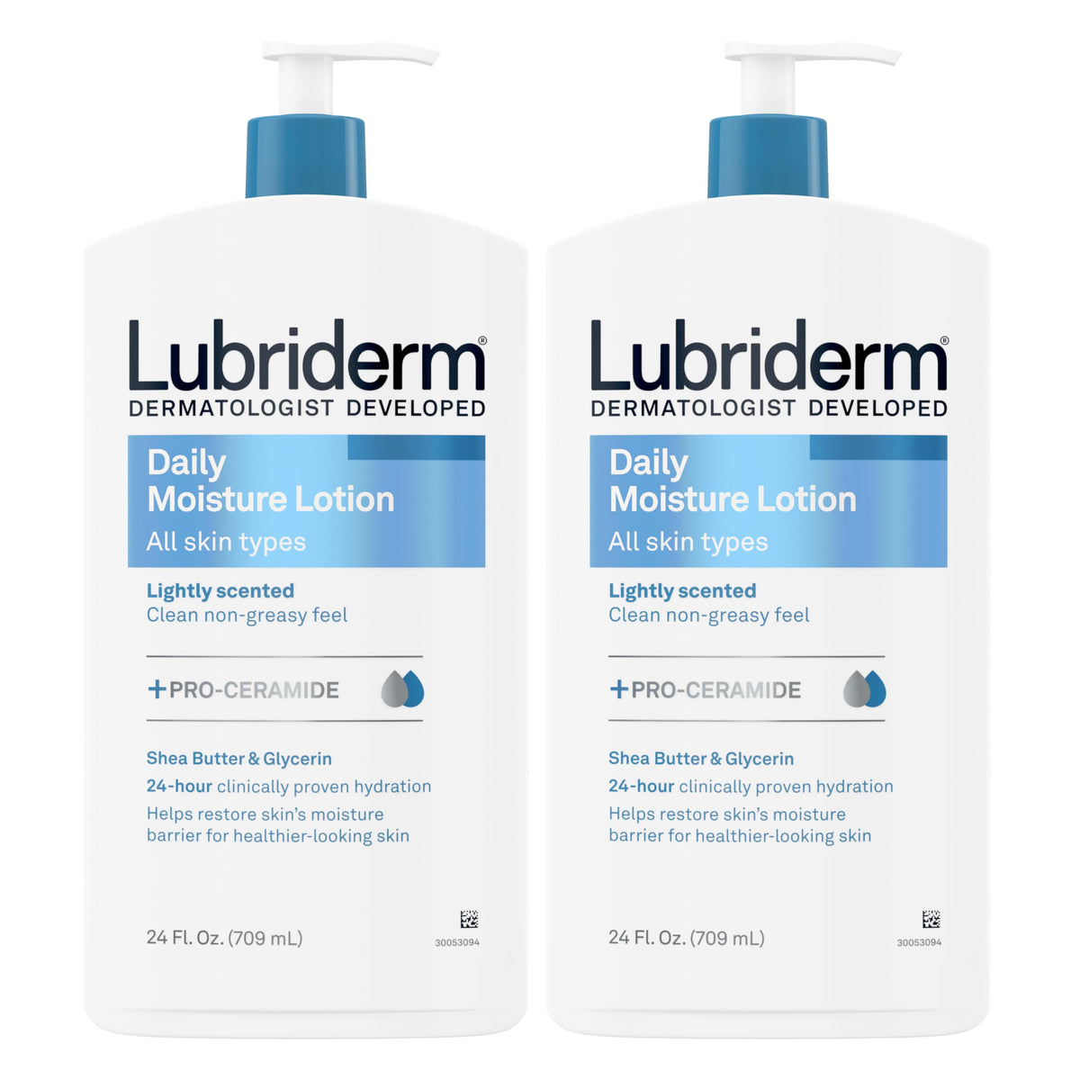 Lubriderm twin pumps front packaging showing full-size bottles and brand clarity