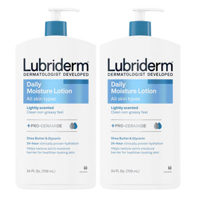 Lubriderm twin pumps front packaging showing full-size bottles and brand clarity