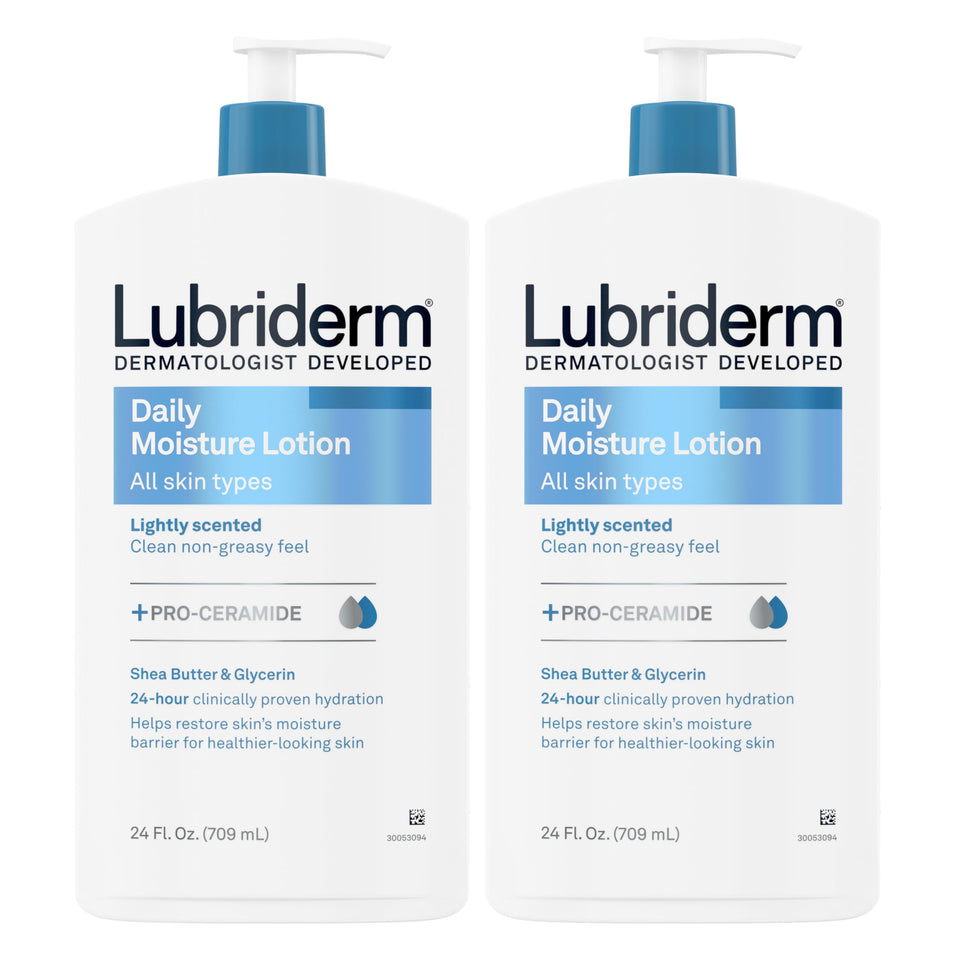 Lubriderm twin pumps front packaging showing full-size bottles and brand clarity
