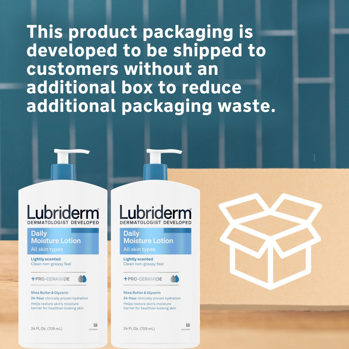 Lubriderm label close-up highlighting Pro-Ceramide and shea butter benefit