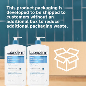 Lubriderm label close-up highlighting Pro-Ceramide and shea butter benefit