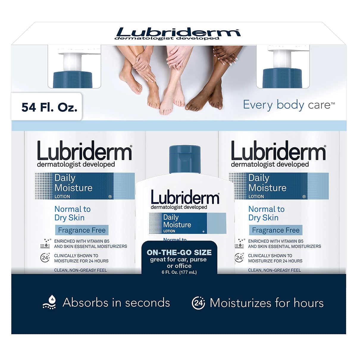 Lubriderm bottles on bathroom shelf in lifestyle setting conveying daily convenience benefit